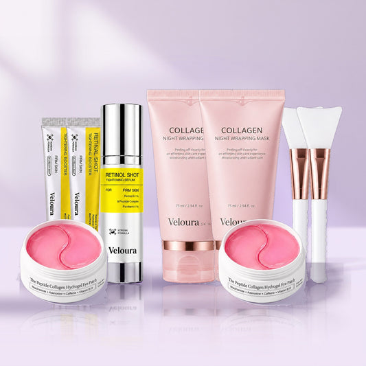 The Veloura Ritual: two Retinal Boosters, Retinol Booster, two jars of Collagen Hydrogel Eye Patches and two Collagen Night Wrapping Masks