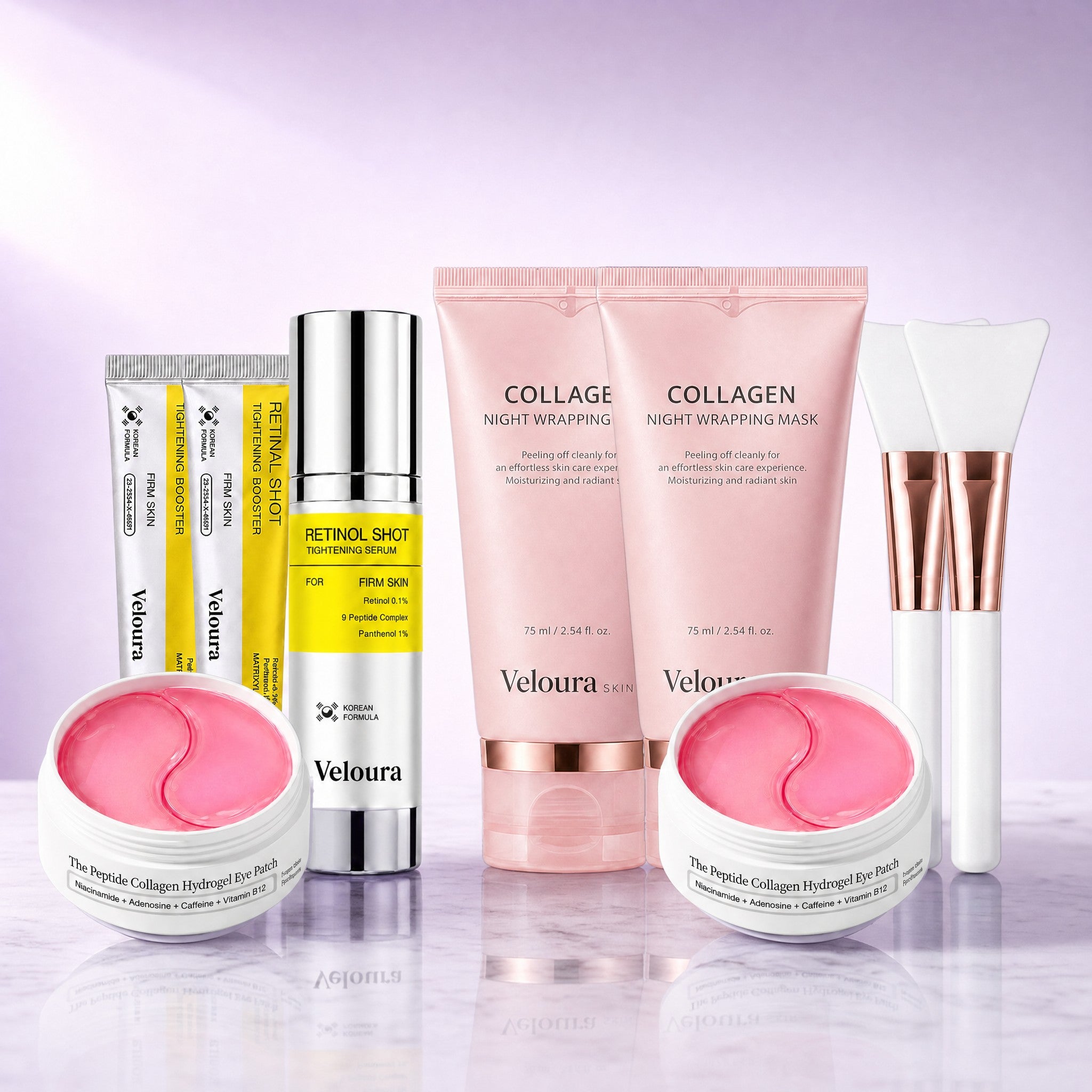 The Veloura Ritual: two Retinal Boosters, Retinol Booster, two jars of Collagen Hydrogel Eye Patches and two Collagen Night Wrapping Masks
