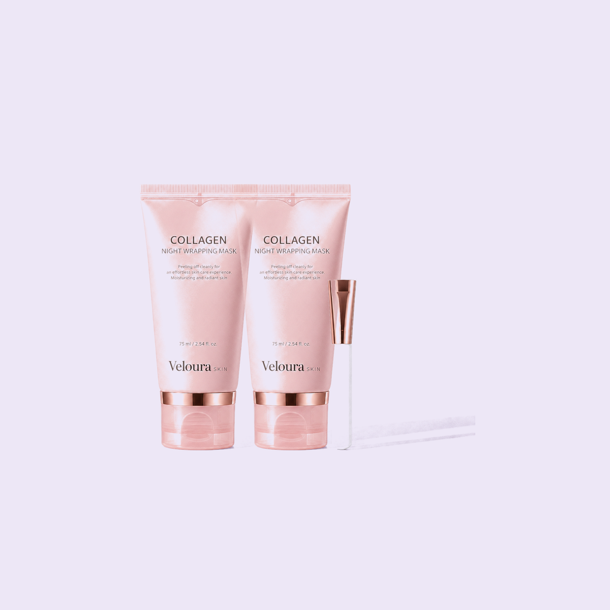 Two Veloura Collagen Night Wrapping Mask tubes with the silicone applicator