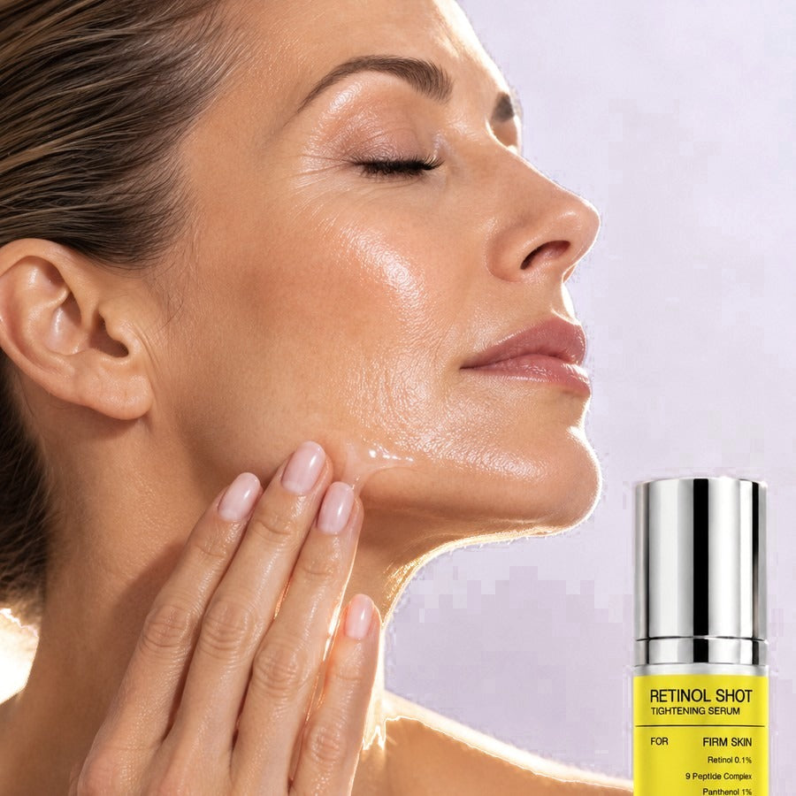 Smoothing the Retinol Booster along the jaw, bottle in frame
