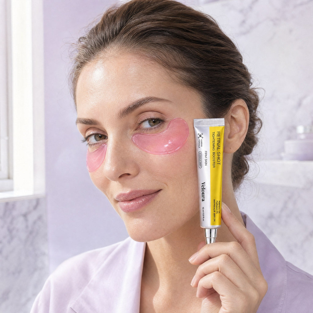 Morning: collagen hydrogel eye patches on, Retinal Booster in hand