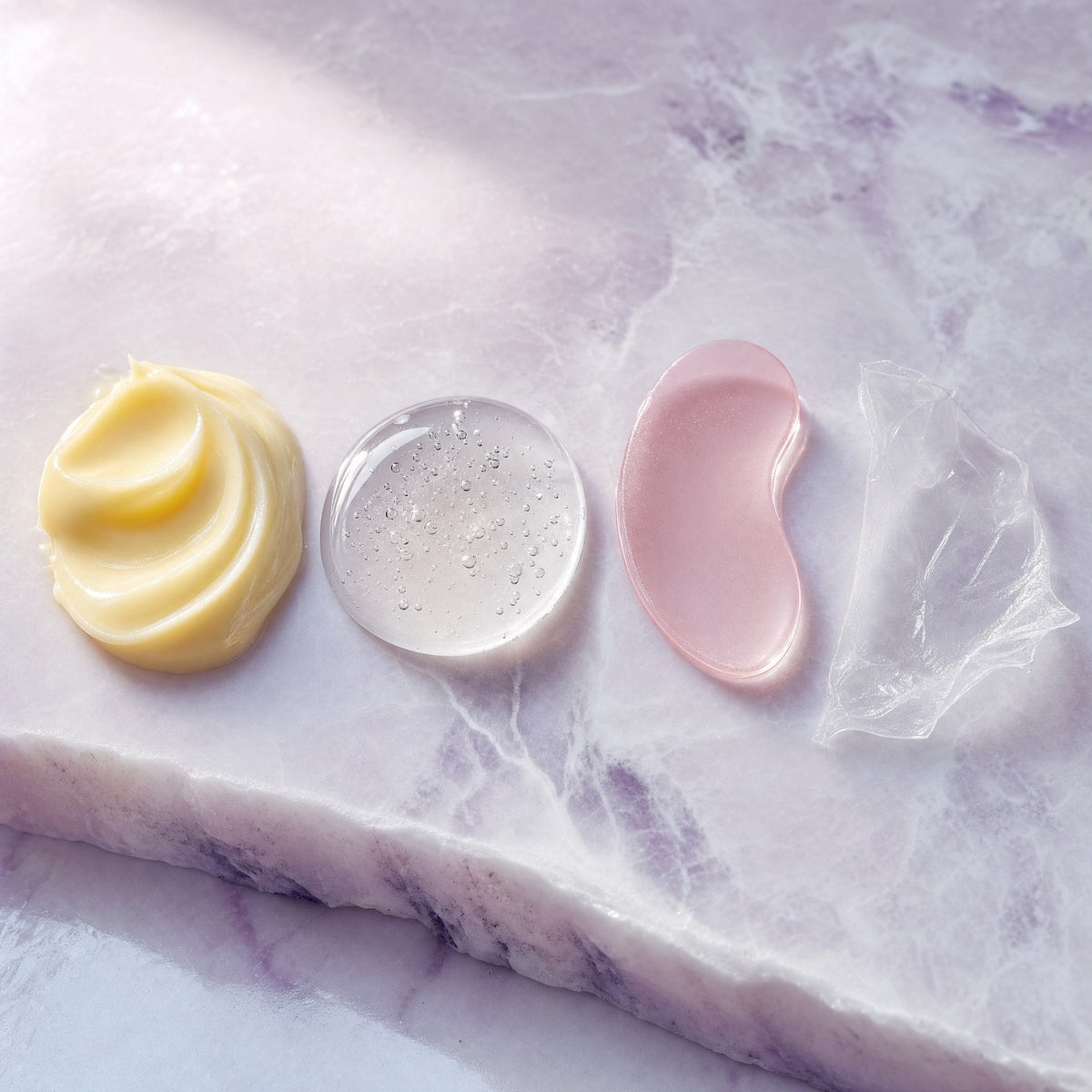 The four textures: retinal cream, retinol serum, hydrogel eye patch and collagen wrapping film