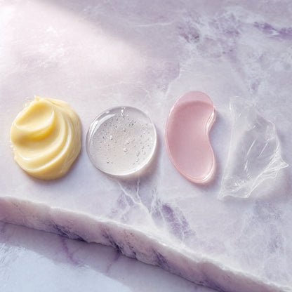 The four textures: retinal cream, retinol serum, hydrogel eye patch and collagen wrapping film