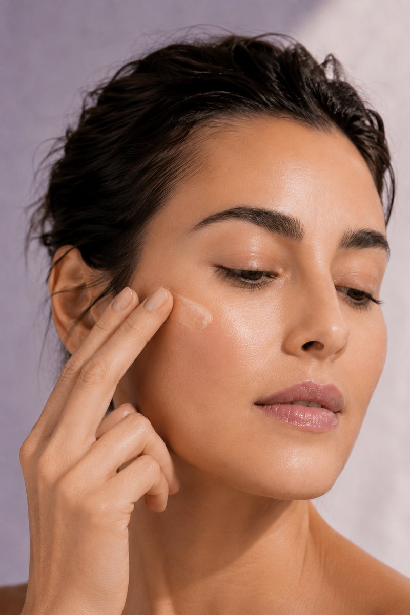 Pressing Veloura serum along the cheekbone